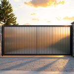 Portail battant avec portillon intégré : la solution gagnante pour les entrées mixtes piétons-véhicules à Toulouse Portail battant en aluminium avec porte piétonne intégrée, finition argent mat et cadre gris foncé, installé devant une allée de maison contemporaine avec piliers en pierre, végétation et lumière douce de coucher de soleil.
