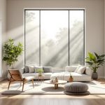 Salon moderne baigné de lumière, grandes fenêtres à cadre fin laissant entrer un jour lumineux, palette neutre (blanc, beige, gris), mobilier minimaliste, sol en bois, plantes d'intérieur, rayons de soleil volumétriques et ombres douces.