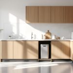 Cuisine moderne et réaliste avec une poubelle encastrée sous le plan de travail, plan de travail blanc, meubles en bois clair, accents inox et lumière naturelle douce traversant la pièce.
