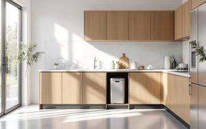 Cuisine moderne et réaliste avec une poubelle encastrée sous le plan de travail, plan de travail blanc, meubles en bois clair, accents inox et lumière naturelle douce traversant la pièce.