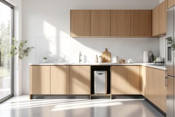 Cuisine moderne et réaliste avec une poubelle encastrée sous le plan de travail, plan de travail blanc, meubles en bois clair, accents inox et lumière naturelle douce traversant la pièce.