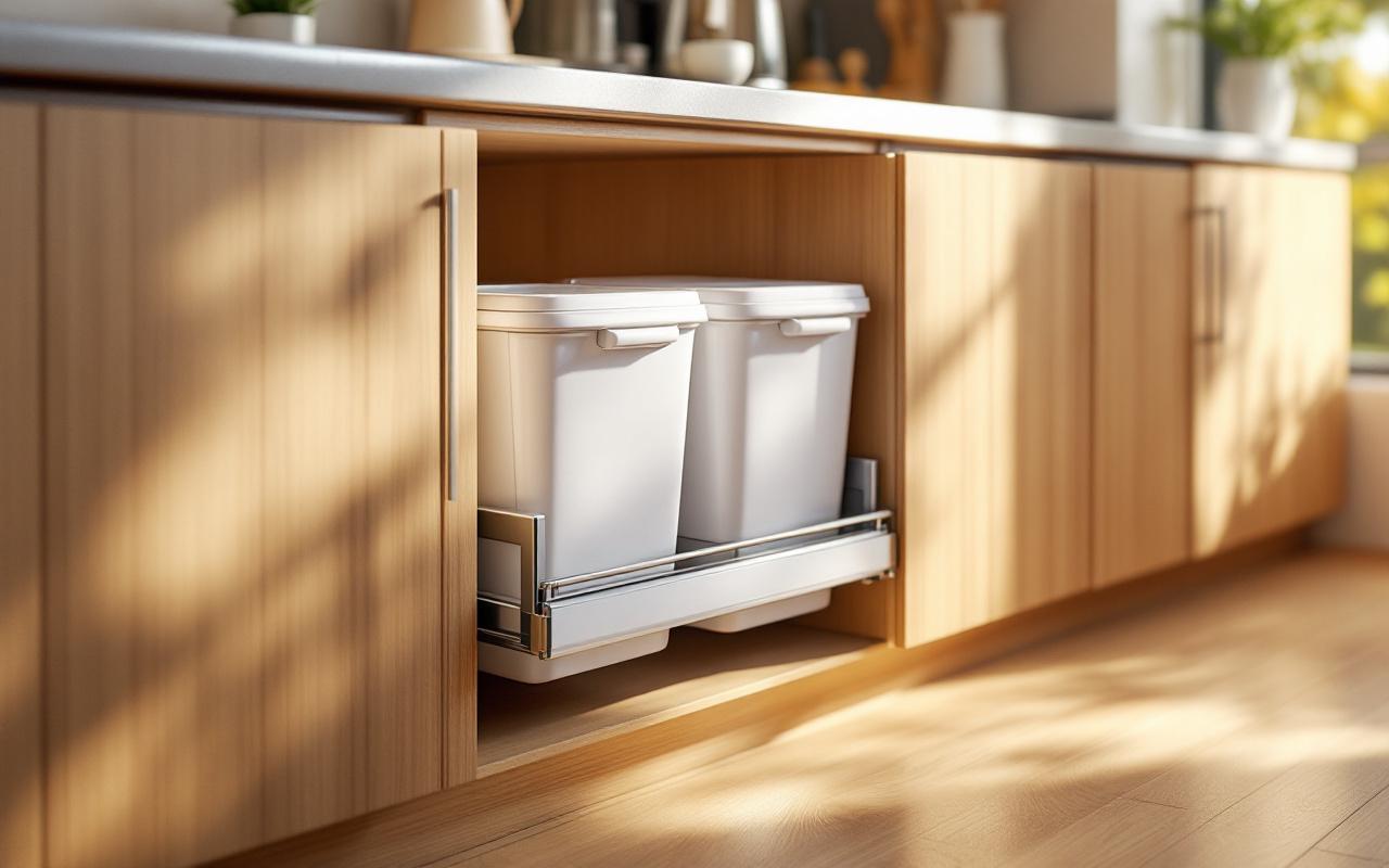 Poubelles compactes et coulissantes dissimulées dans un petit meuble de cuisine ouvert, intérieur bois chaud, plan de travail blanc, couvercles inox, lumière naturelle douce, détails nets