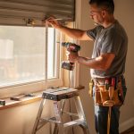 Installer un volet roulant soi-même sans stress : checklist outils et étapes critiques Un bricoleur débutant vérifie l’alignement près d’une fenêtre avec le coffre de volet roulant, avec mètre, niveau et perceuse posés sur un escabeau.