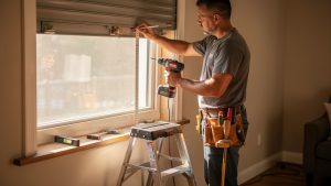 Un bricoleur débutant vérifie l’alignement près d’une fenêtre avec le coffre de volet roulant, avec mètre, niveau et perceuse posés sur un escabeau.