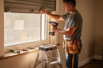 Un bricoleur débutant vérifie l’alignement près d’une fenêtre avec le coffre de volet roulant, avec mètre, niveau et perceuse posés sur un escabeau.
