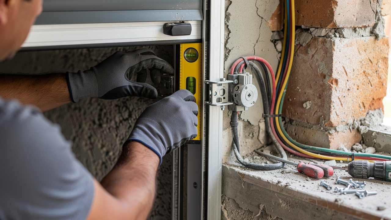 Pose d’un volet roulant en rénovation : vérification du niveau des coulisses avec un niveau à bulle puis raccordement électrique sécurisé du moteur, avec câbles isolés et outils.