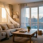 Confort thermique maison : améliorer la sensation de bien-être sans gros travaux Salon lumineux et chaleureux avec grandes fenêtres, ambiance tempérée évoquant à la fois l’été et l’hiver, éclairage naturel et intérieur cosy sans personnes.