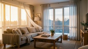 Salon lumineux et chaleureux avec grandes fenêtres, ambiance tempérée évoquant à la fois l’été et l’hiver, éclairage naturel et intérieur cosy sans personnes.