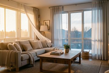 Salon lumineux et chaleureux avec grandes fenêtres, ambiance tempérée évoquant à la fois l’été et l’hiver, éclairage naturel et intérieur cosy sans personnes.