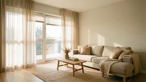 Salon lumineux et moderne avec fenêtres équipées, décoration sobre et chaleureuse, ambiance confortable en toute saison.