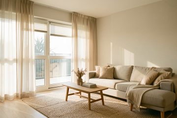 Salon lumineux et moderne avec fenêtres équipées, décoration sobre et chaleureuse, ambiance confortable en toute saison.