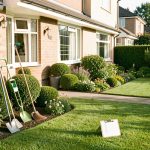 Entretien saisonnier maison : 8 vérifications pour un logement sain Maison lumineuse entourée d’un jardin soigneusement entretenu, avec du matériel d’entretien et une checklist saisonnière vierge.