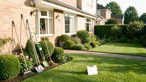Maison lumineuse entourée d’un jardin soigneusement entretenu, avec du matériel d’entretien et une checklist saisonnière vierge.
