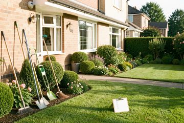 Maison lumineuse entourée d’un jardin soigneusement entretenu, avec du matériel d’entretien et une checklist saisonnière vierge.