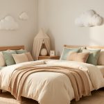 Aménager une chambre d'enfant pour le sommeil : guide pratique Chambre d’enfant douce et apaisante, aménagée avec des tons pastel, du mobilier en bois et une lumière naturelle favorisant un sommeil serein.