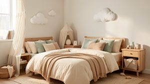 Chambre d’enfant douce et apaisante, aménagée avec des tons pastel, du mobilier en bois et une lumière naturelle favorisant un sommeil serein.