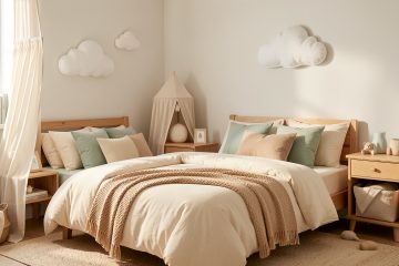 Chambre d’enfant douce et apaisante, aménagée avec des tons pastel, du mobilier en bois et une lumière naturelle favorisant un sommeil serein.