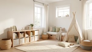 Chambre d’enfant lumineuse avec rangements bas en bois, coin lecture douillet, mobilier évolutif et décoration douce aux tons naturels.