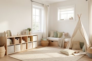 Chambre d’enfant lumineuse avec rangements bas en bois, coin lecture douillet, mobilier évolutif et décoration douce aux tons naturels.