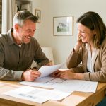 Un propriétaire et une conseillère habitat consultent ensemble des plans dans un bureau lumineux et chaleureux à Morlaix.