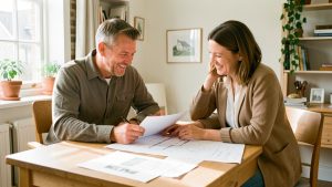 Un propriétaire et une conseillère habitat consultent ensemble des plans dans un bureau lumineux et chaleureux à Morlaix.