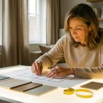 Documents à vérifier avant travaux de rénovation : la checklist utile Une propriétaire examine attentivement des plans de rénovation et des échantillons de matériaux sur une table lumineuse dans une maison contemporaine.