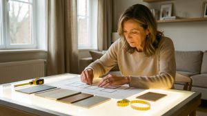 Une propriétaire examine attentivement des plans de rénovation et des échantillons de matériaux sur une table lumineuse dans une maison contemporaine.