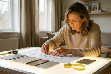 Une propriétaire examine attentivement des plans de rénovation et des échantillons de matériaux sur une table lumineuse dans une maison contemporaine.