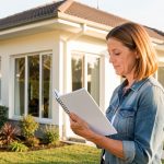 Entretien préventif de la maison : 12 vérifications annuelles Une propriétaire inspecte une maison lumineuse avec un carnet vierge, tandis que la toiture, les fenêtres et le jardin sont visibles.
