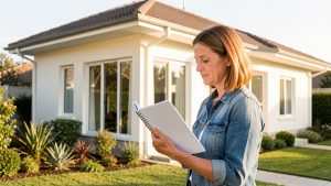 Une propriétaire inspecte une maison lumineuse avec un carnet vierge, tandis que la toiture, les fenêtres et le jardin sont visibles.