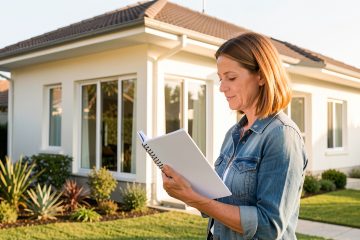 Une propriétaire inspecte une maison lumineuse avec un carnet vierge, tandis que la toiture, les fenêtres et le jardin sont visibles.