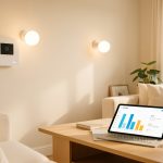 Quels appareils choisir pour une maison connectée plus économe ? Salon familial lumineux avec thermostat connecté mural, ampoules intelligentes et tablette affichant une interface visuelle abstraite de suivi de la consommation énergétique.