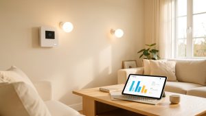 Salon familial lumineux avec thermostat connecté mural, ampoules intelligentes et tablette affichant une interface visuelle abstraite de suivi de la consommation énergétique.
