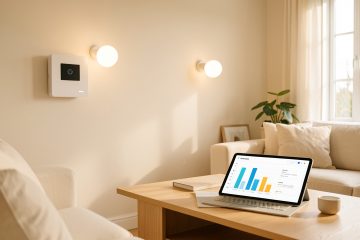 Salon familial lumineux avec thermostat connecté mural, ampoules intelligentes et tablette affichant une interface visuelle abstraite de suivi de la consommation énergétique.