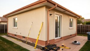 Façade extérieure d’une maison observée avec des outils de mesure et de vérification avant des travaux de rénovation.