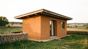 Petite maison contemporaine en terre crue aux murs ocre, installée dans un paysage rural français sous une lumière douce.