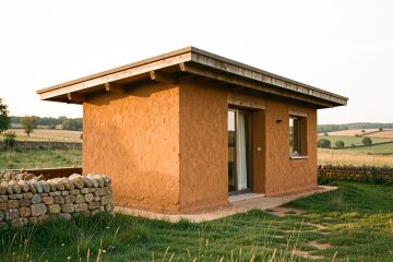 Petite maison contemporaine en terre crue aux murs ocre, installée dans un paysage rural français sous une lumière douce.