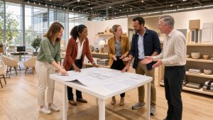 Deux femmes et deux hommes consultent un plan vierge et échangent avec des exposants dans un salon de l’habitat lumineux, au Centre de Congrès des Sables-d’Olonne.