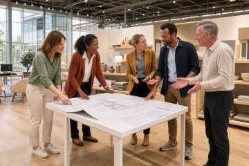 Deux femmes et deux hommes consultent un plan vierge et échangent avec des exposants dans un salon de l’habitat lumineux, au Centre de Congrès des Sables-d’Olonne.